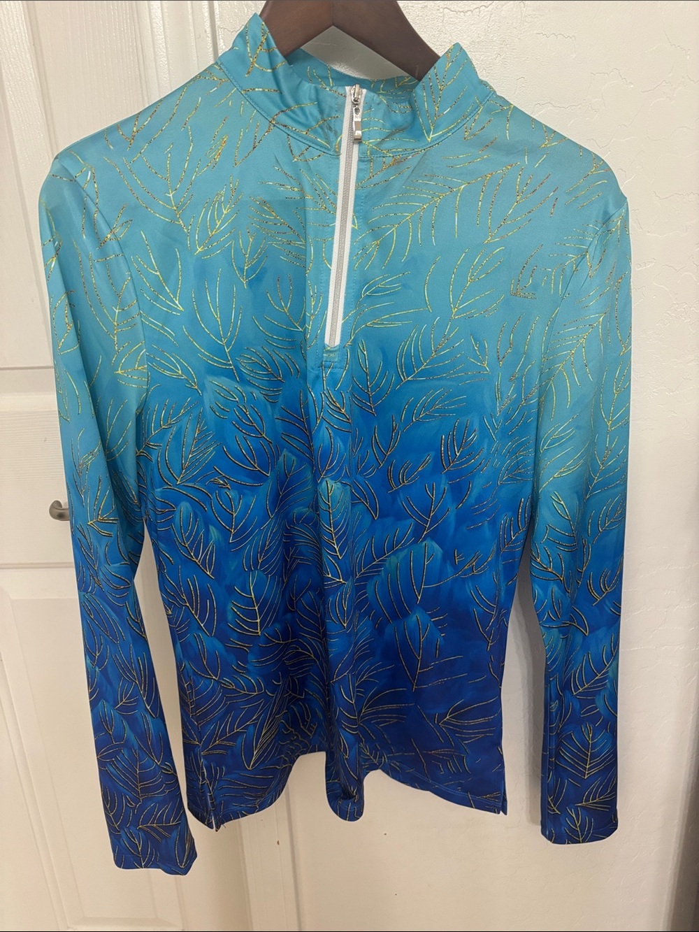 Women's Blue Ombre Long-Sleeve Zip Front Top with Gold Leaf Detail